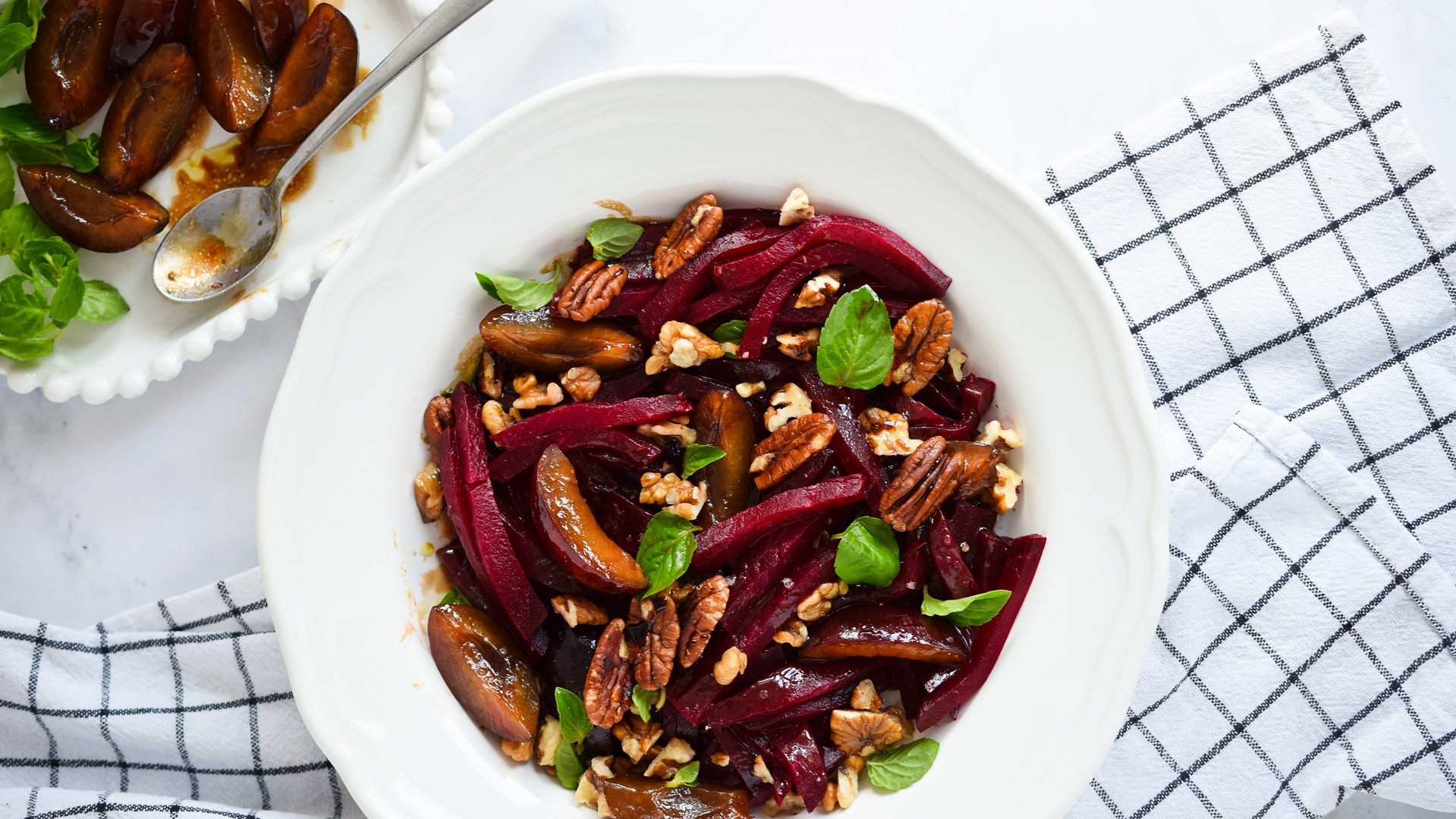 Roasted beet salad with plums and walnuts