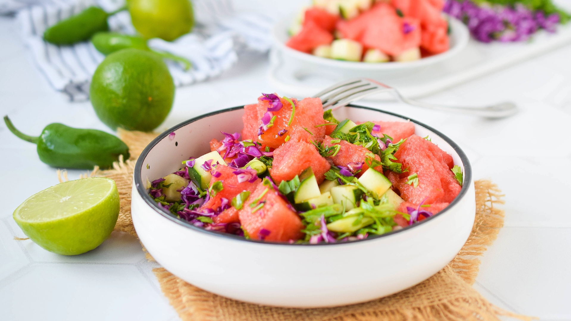 Summer watermelon cucumber salad with lime dressing