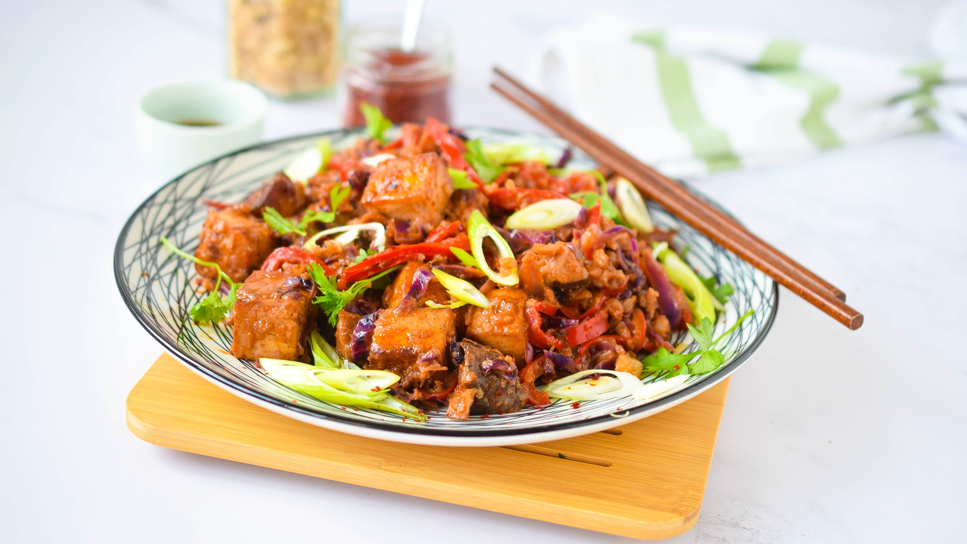 Fried tofu cheese with cauliflower rice and grilled vegetables