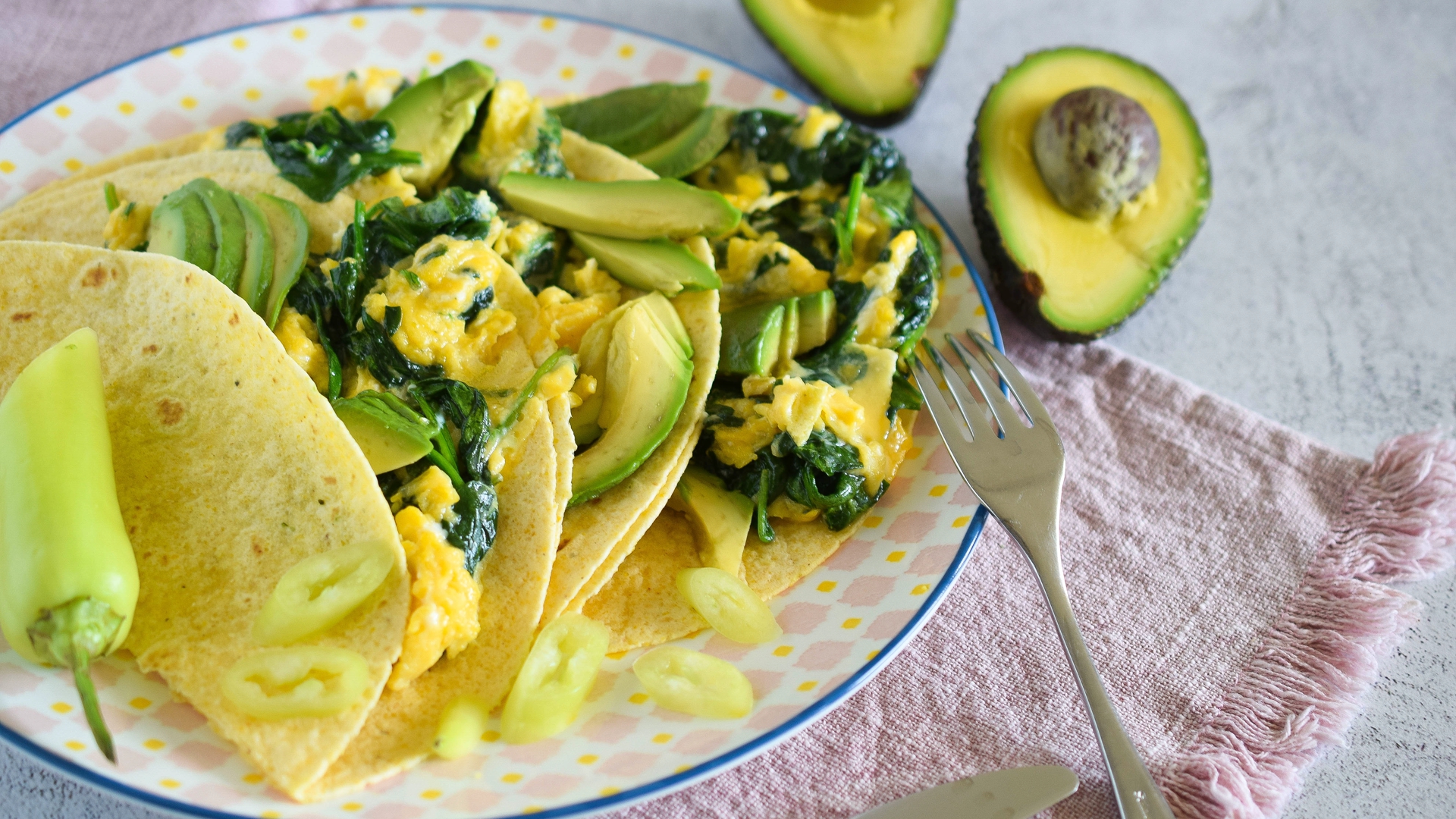 Tacos with eggs and baby spinach